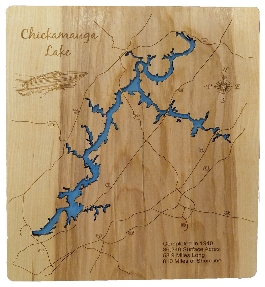 Chickamauga Lake, TennesseeWood Lake Map, Small Rustic Wall