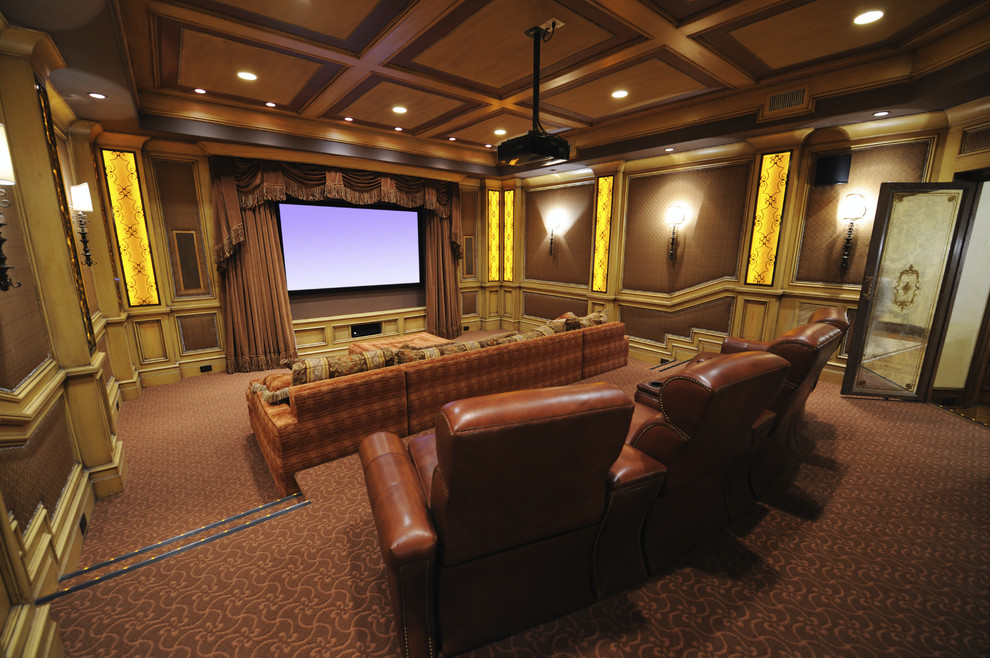 Inspiration for a traditional home theatre in Toronto with a projector screen.