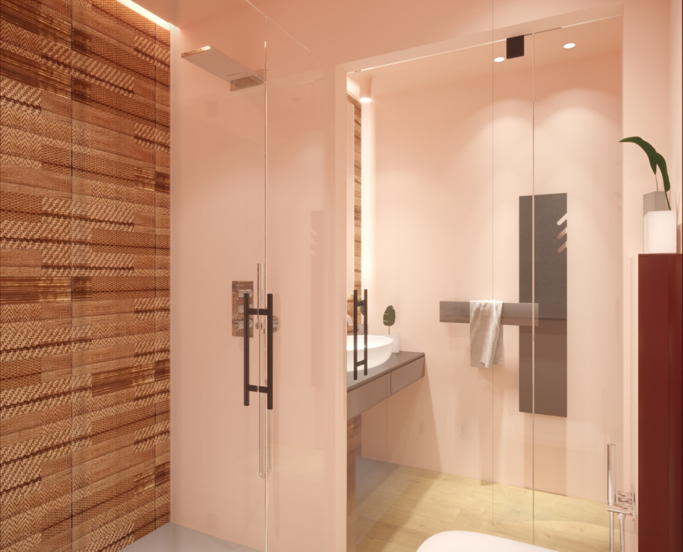 Пример оригинального дизайна: маленькая главная ванная комната в стиле модернизм с фасадами с декоративным кантом, серыми фасадами, душем без бортиков, раздельным унитазом, розовой плиткой, розовыми стенами, паркетным полом среднего тона, настольной раковиной, столешницей из дерева, коричневым полом, душем с распашными дверями, серой столешницей, тумбой под одну раковину, подвесной тумбой и многоуровневым потолком для на участке и в саду