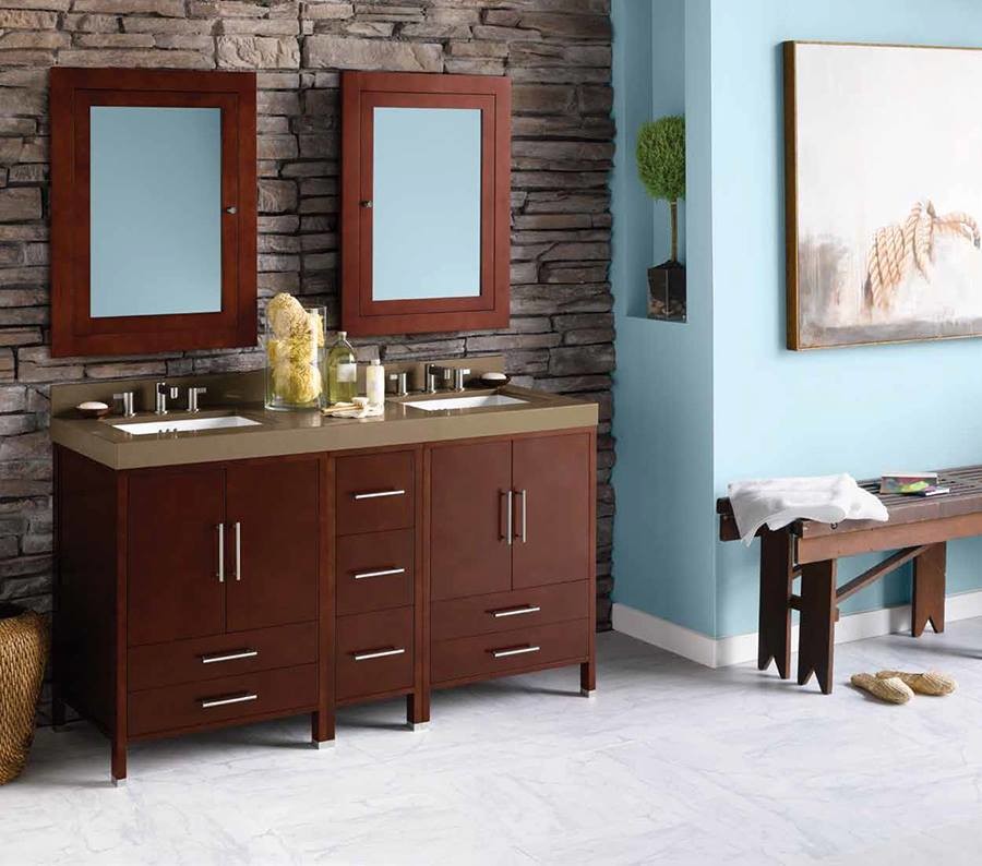 Photo of a mid-sized transitional master bathroom in New York with flat-panel cabinets, dark wood cabinets, blue walls, marble floors, an undermount sink, engineered quartz benchtops and grey floor.