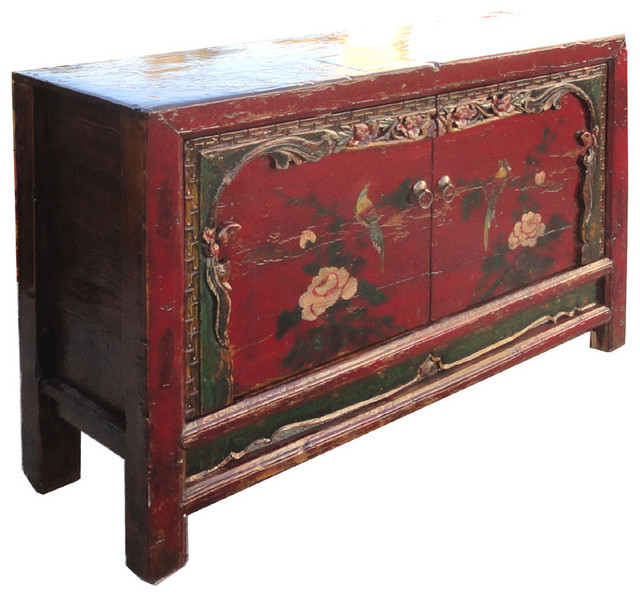 Red Mongolian Antique Flower Bird Buffet Table TV Stand Cabinet