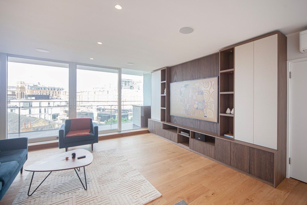 Bespoke Sleek Brown Media Unit with ribbed wood slat panels