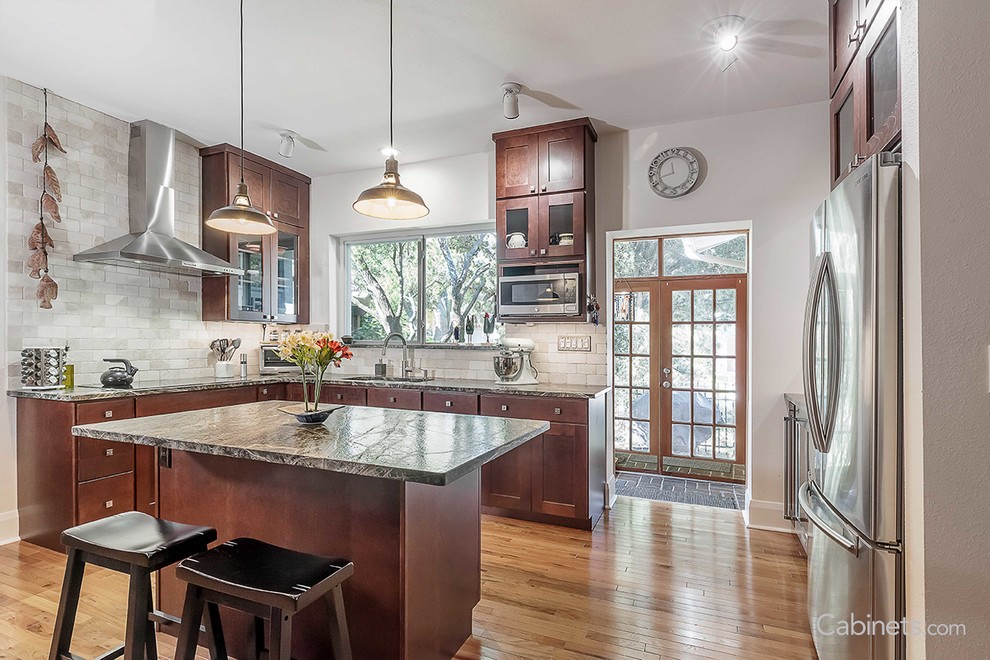 Inspiration for a modern kitchen remodel in Tampa with shaker cabinets and red cabinets