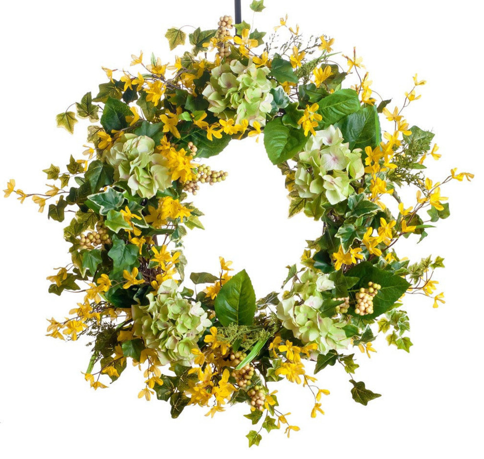 Green Hydrangea and Forsythia Silk Wreath SW133, 30"