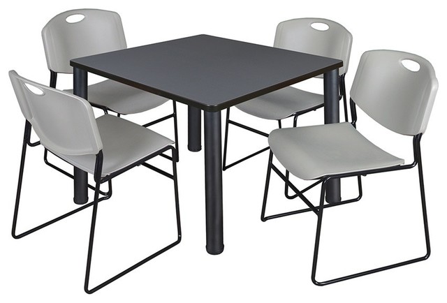 Kee 36" Square Breakroom Table, Gray, Black and 4 Zeng Stack Chairs, Gray