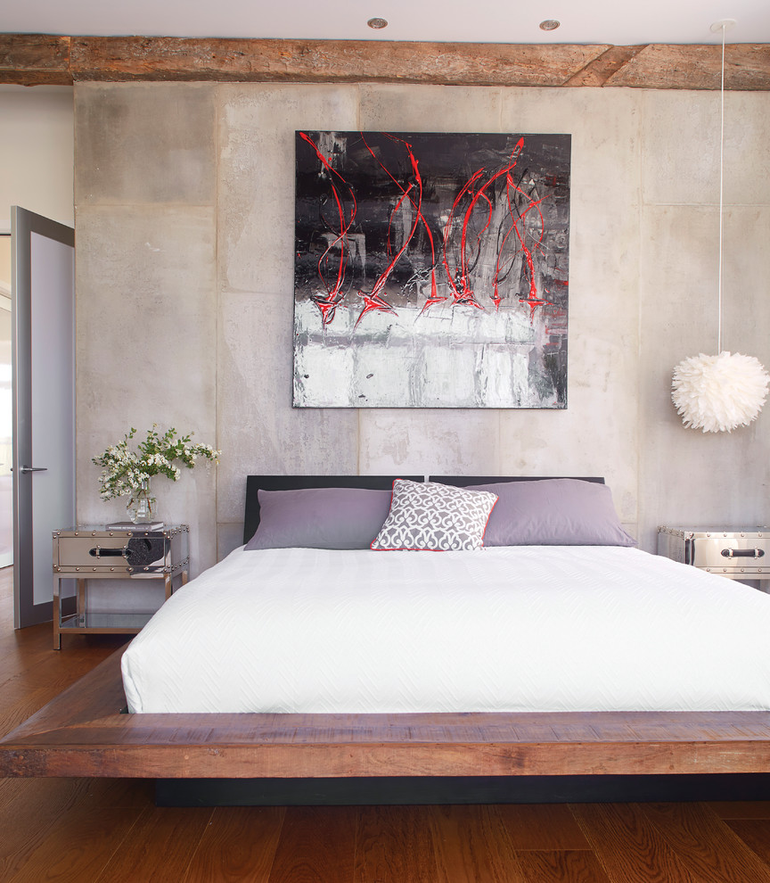 Inspiration for a large modern master bedroom in Miami with grey walls, medium hardwood floors and brown floor.