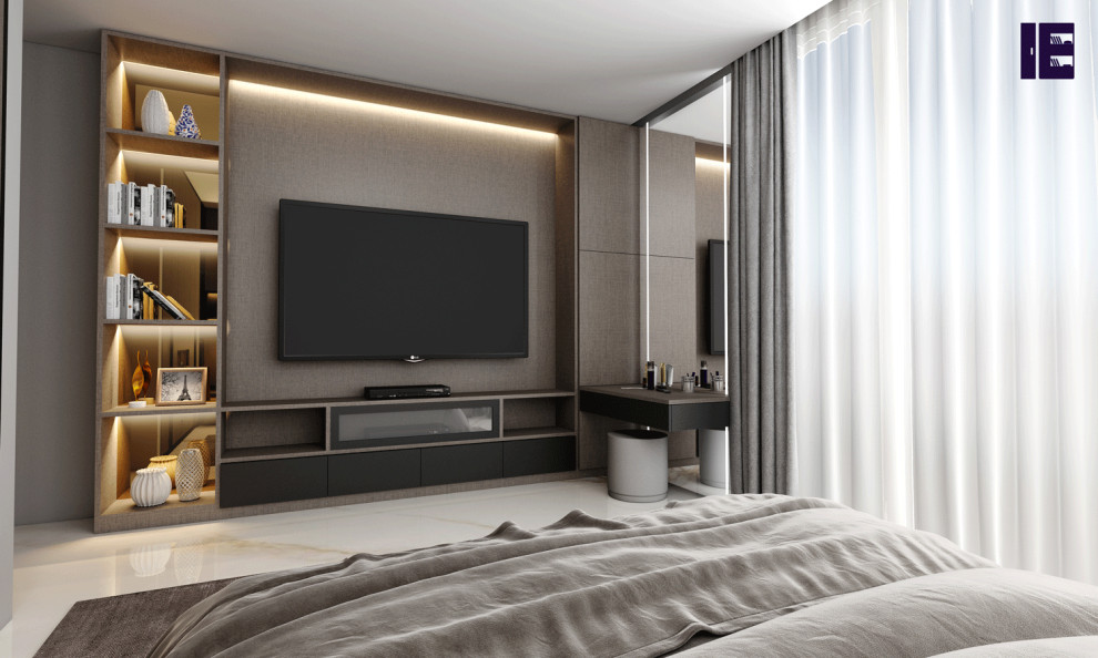 This is an example of a large modern master bedroom in London with brown walls, wood walls and a feature wall.