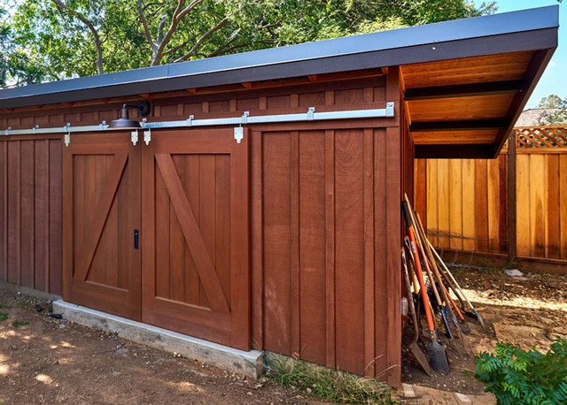 Shed With Custom Barn Doors At New Farmhouse Style Home