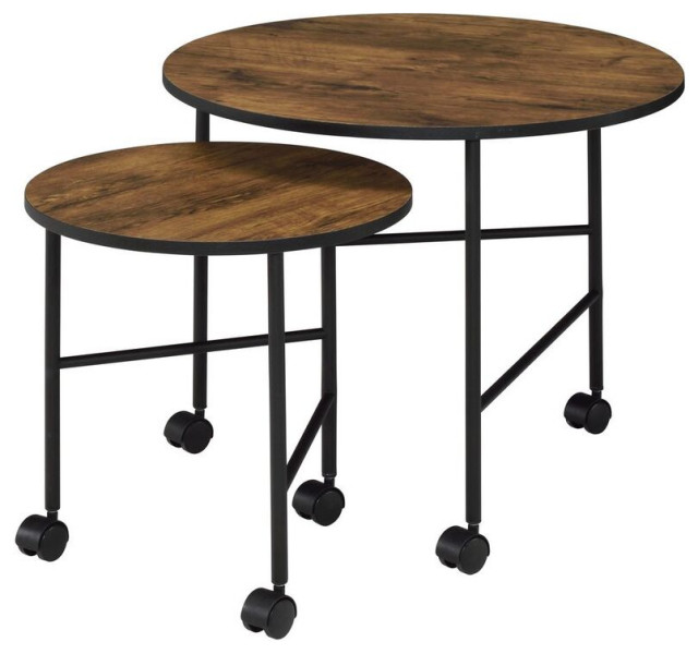 Benzara BM211088 2 Piece Round Nesting End Table with Casters, Oak Brown & Black