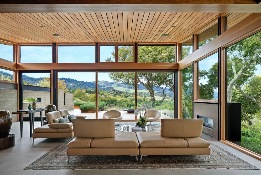 Large midcentury family room in San Francisco with a metal fireplace surround.