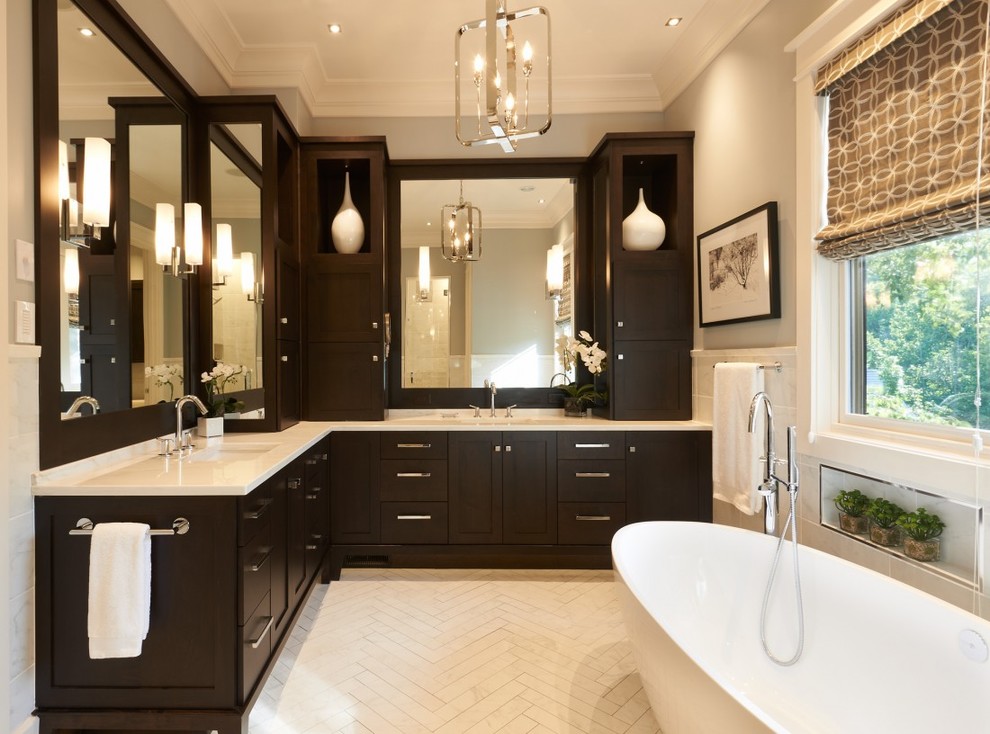 Large contemporary master bathroom in Other with flat-panel cabinets, dark wood cabinets, a freestanding tub, an alcove shower, white tile, grey walls and an undermount sink.