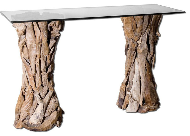 Teak Root Glass Top Console Table