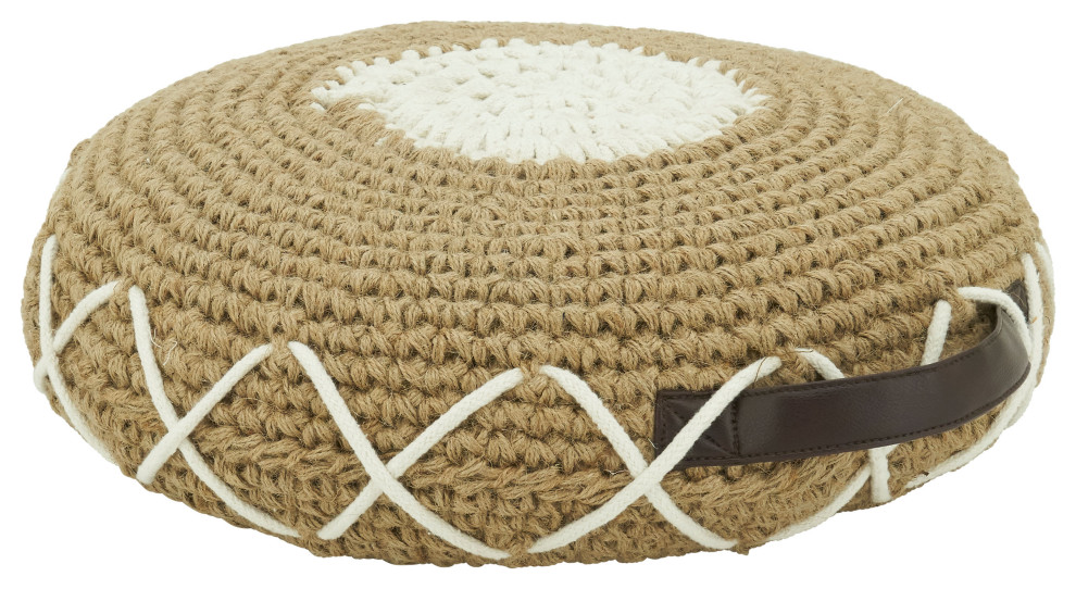 Woven Design Pouf With Handle, Natural, 20"x4", 20"x4" Beach Style Floor Pillows And Poufs