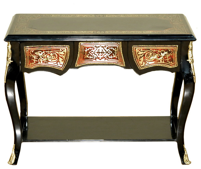 Consigned Antique French Style Black Boulle Low Console Table Consigned Antique French Style Black Boulle Low Console Table