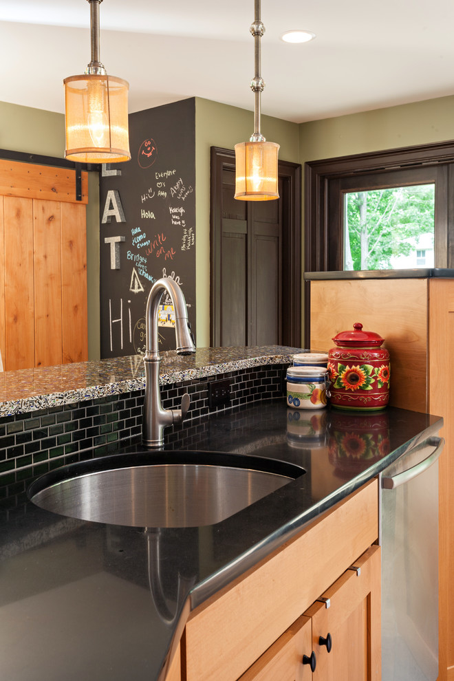 Inspiration for a large transitional u-shaped bamboo floor eat-in kitchen remodel in Boston with an undermount sink, shaker cabinets, medium tone wood cabinets, recycled glass countertops, brown backsplash, stone tile backsplash, stainless steel appliances, green walls and an island