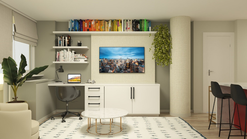 Inspiration for a small contemporary enclosed games room in New York with a reading nook and a built-in media unit.