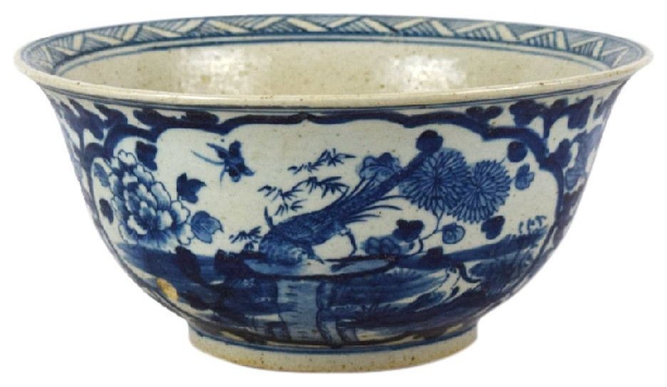 Blue and White Porcelain Bird Motif Bowl, 12.5"