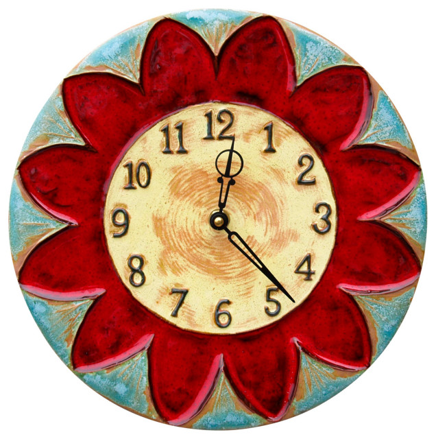 Sun Clock in Terracotta Clay with Red, Yellow and Turquoise Glazes
