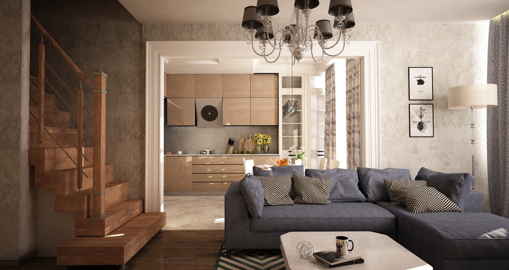 Гостиная двухэтажной квартиры для молодого одинокого мужчины в Москве