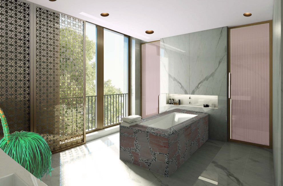 Стильный дизайн: большая главная ванная комната в стиле модернизм с накладной ванной, разноцветной плиткой, мраморной плиткой, душем с распашными дверями, белыми фасадами, душем в нише, разноцветными стенами, столешницей из оникса, серым полом, белой столешницей, нишей, тумбой под две раковины и подвесной тумбой - последний тренд