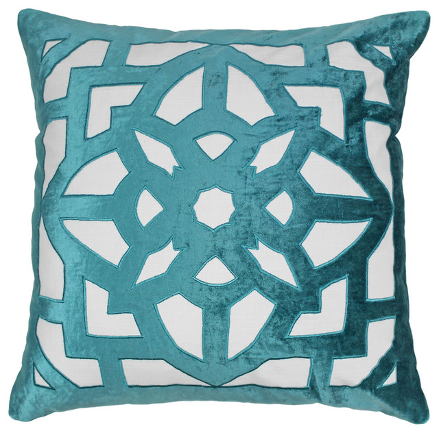 20 Velvet Elegance Applique Throw Pillow Aqua Blue Velvet Ivory