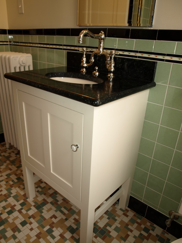 Inspiration for a small timeless multicolored tile mosaic tile floor bathroom remodel in Minneapolis with furniture-like cabinets, white cabinets, beige walls, an undermount sink and soapstone countertops
