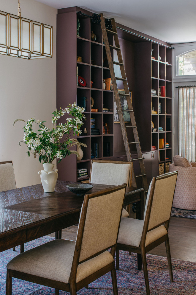 Dining room - transitional dark wood floor and brown floor dining room idea in Chicago with white walls