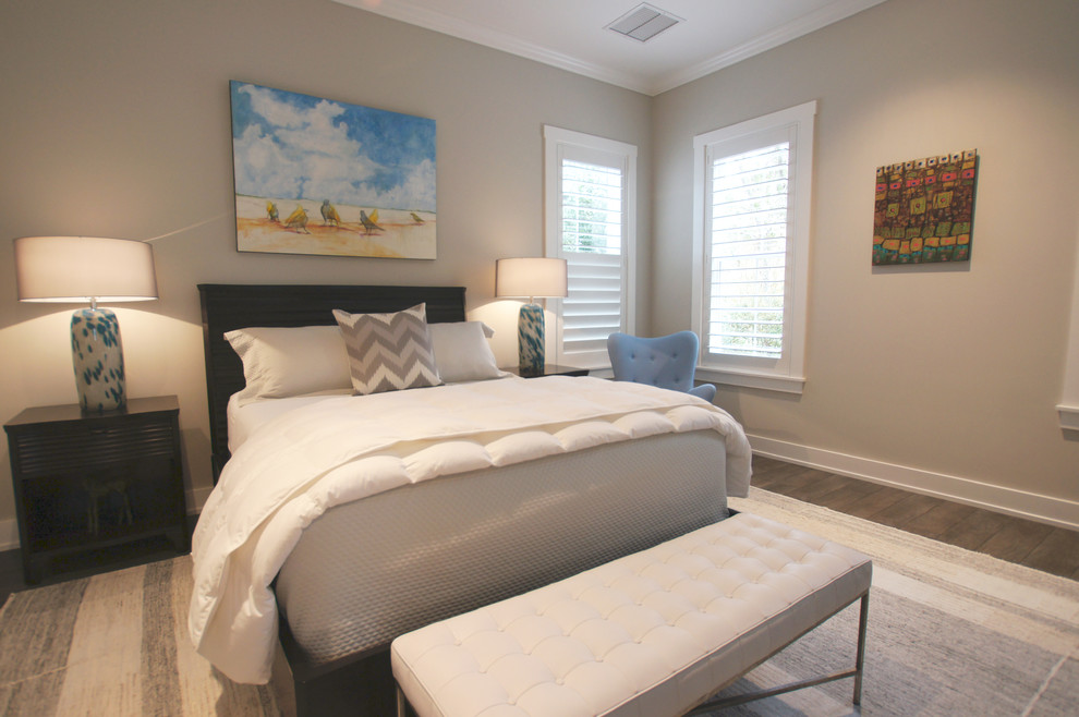 Mid-sized transitional master bedroom in Jacksonville with grey walls, dark hardwood floors, no fireplace and brown floor.