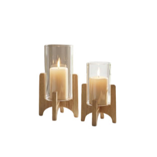 NUPTIO Hurricane Glass Candle Holders: Set of 2 Pillar Candle Holders with Wooden Stands - Mid Century Organic Modern Vases for Dining Table Centerpieces Decor