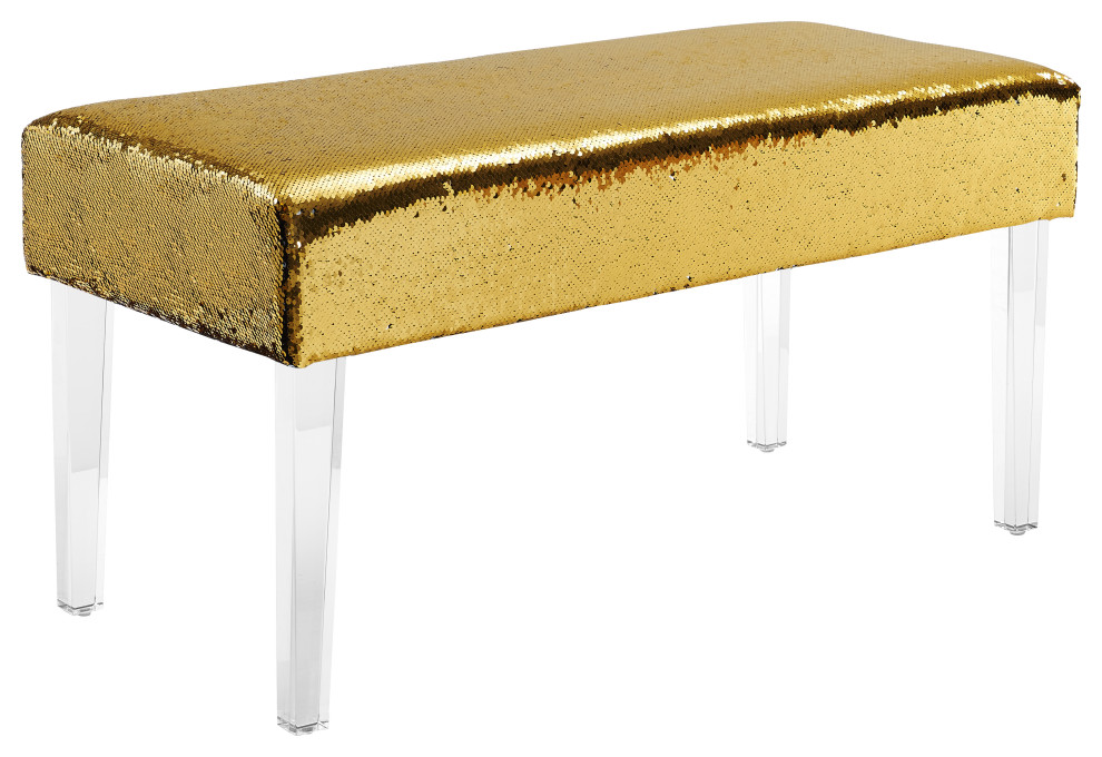 Benzara Upholstered Bench with Sequin Accents and Acrylic Legs, Gold and Clear