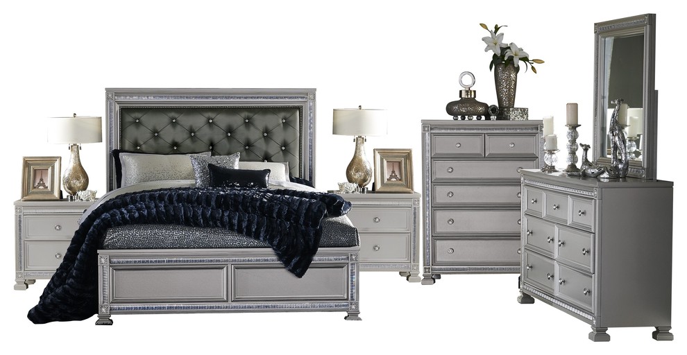 6 Piece Begonia Queen Bed Dresser Mirror 2 Nightstand Chest Metallic Gray Traditional Bedroom Furniture Sets By Amoc