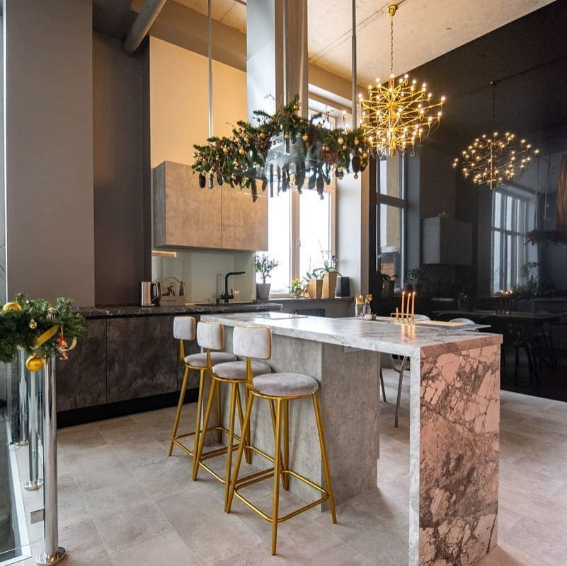 Huge urban u-shaped ceramic tile, gray floor and exposed beam open concept kitchen photo in Novosibirsk with a double-bowl sink, recessed-panel cabinets, gray cabinets, solid surface countertops, gray backsplash, glass sheet backsplash, black appliances, two islands and black countertops