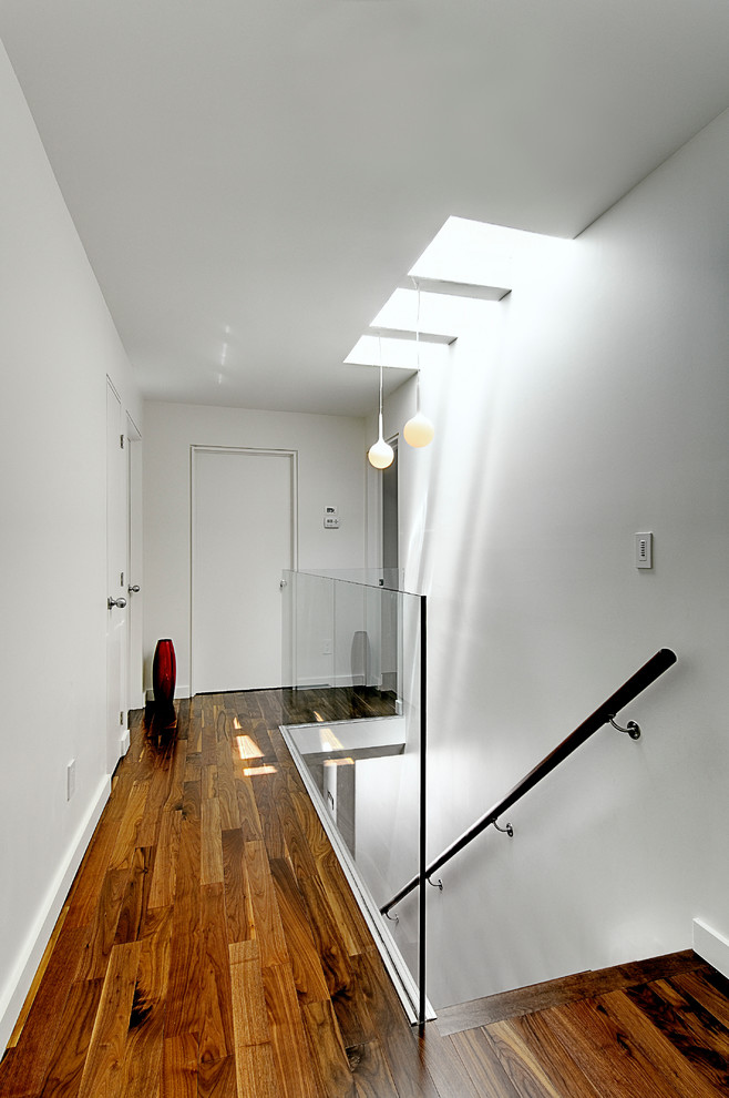 Mid-sized contemporary hallway in Toronto with white walls and medium hardwood floors.