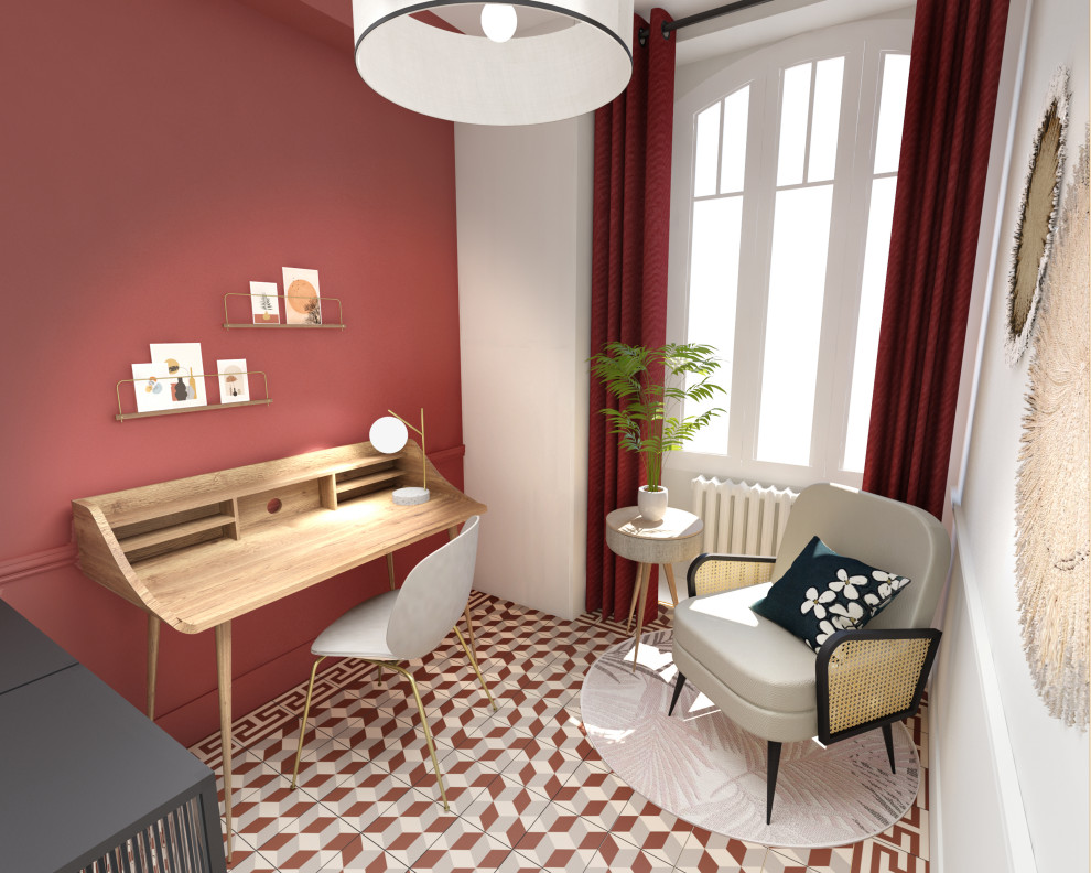 Esempio di un piccolo studio bohémian con libreria, pavimento con piastrelle in ceramica e scrivania incassata