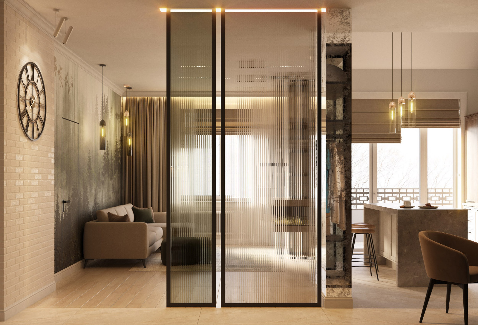 Перегородка из рефленого стекла между сходом в квартиру и гостиной