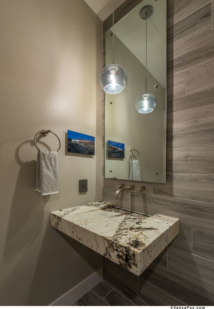 Small contemporary bathroom in Other with gray tile, cement tile, grey walls, ceramic floors, an integrated sink, quartzite benchtops and grey floor.