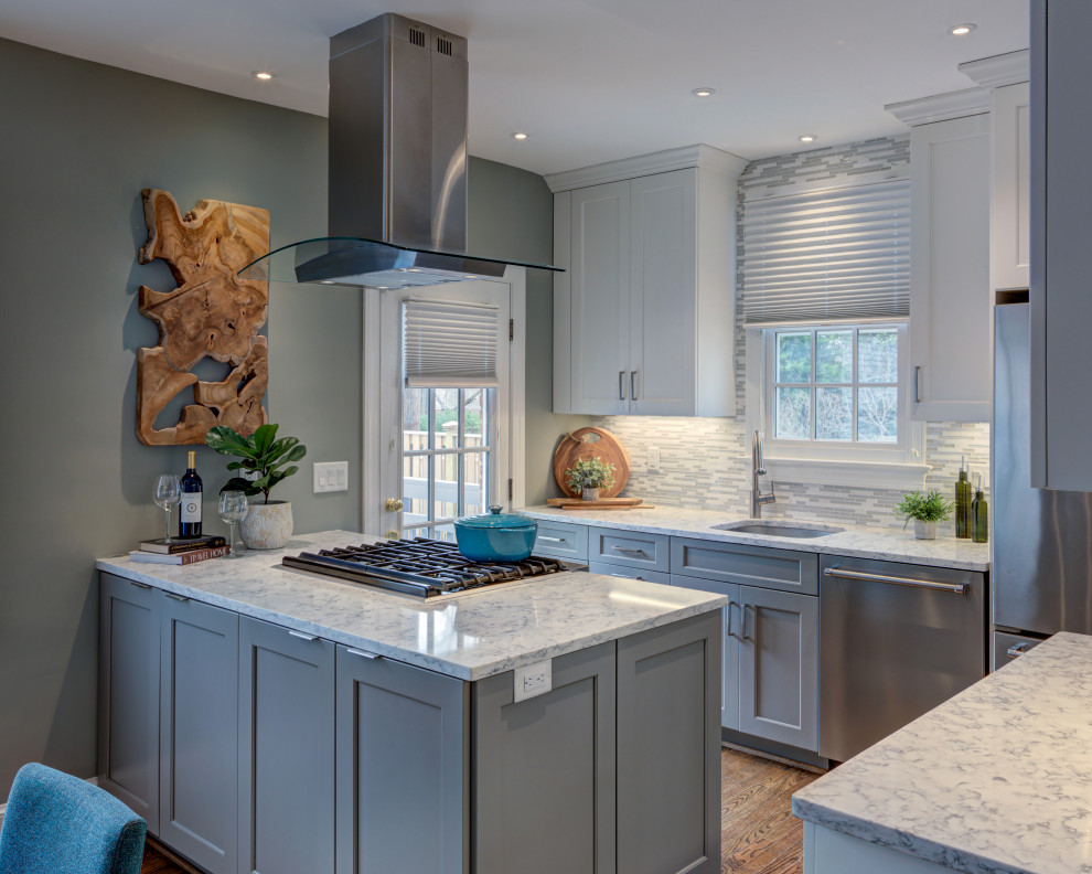 Small transitional galley dark wood floor and brown floor eat-in kitchen photo in DC Metro with an undermount sink, shaker cabinets, gray cabinets, multicolored backsplash, stainless steel appliances, a peninsula, white countertops, quartz countertops and mosaic tile backsplash