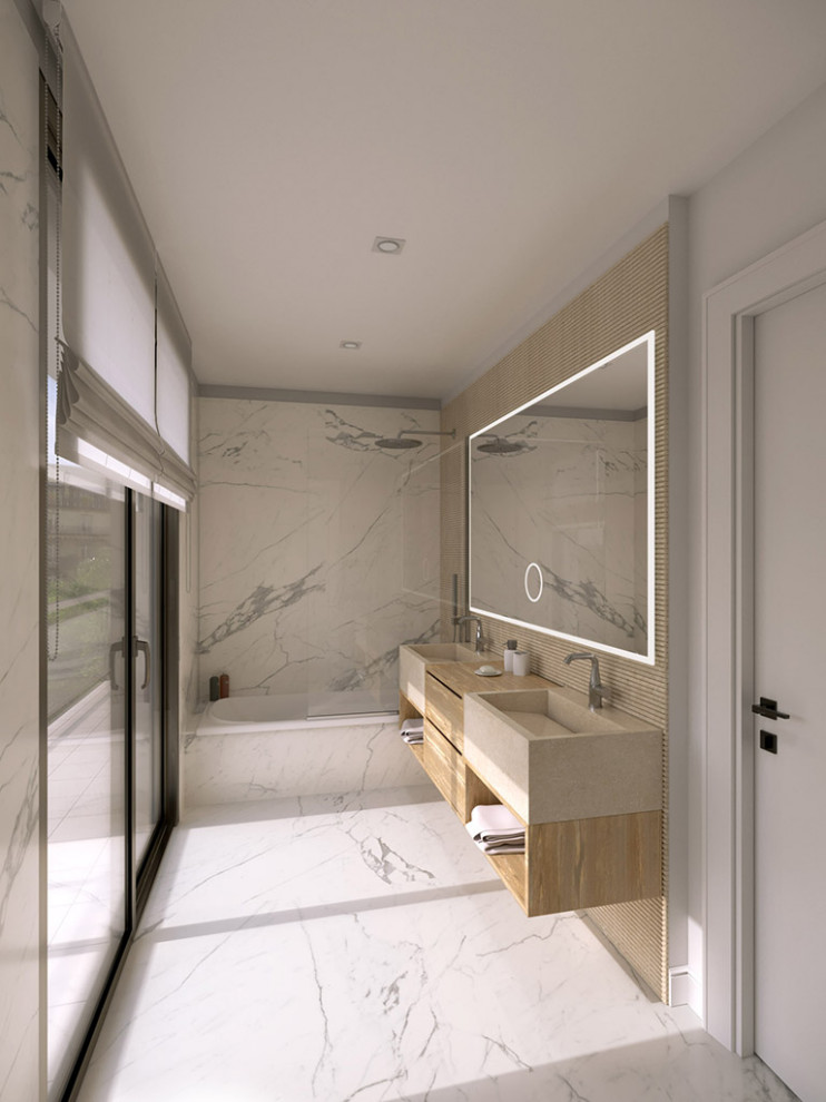 Inspiration for a medium sized traditional ensuite bathroom in Paris with beaded cabinets, light wood cabinets, a submerged bath, a two-piece toilet, multi-coloured tiles, ceramic tiles, white walls, ceramic flooring, a console sink, marble worktops, white floors, beige worktops, a wall niche, a single sink and a floating vanity unit.