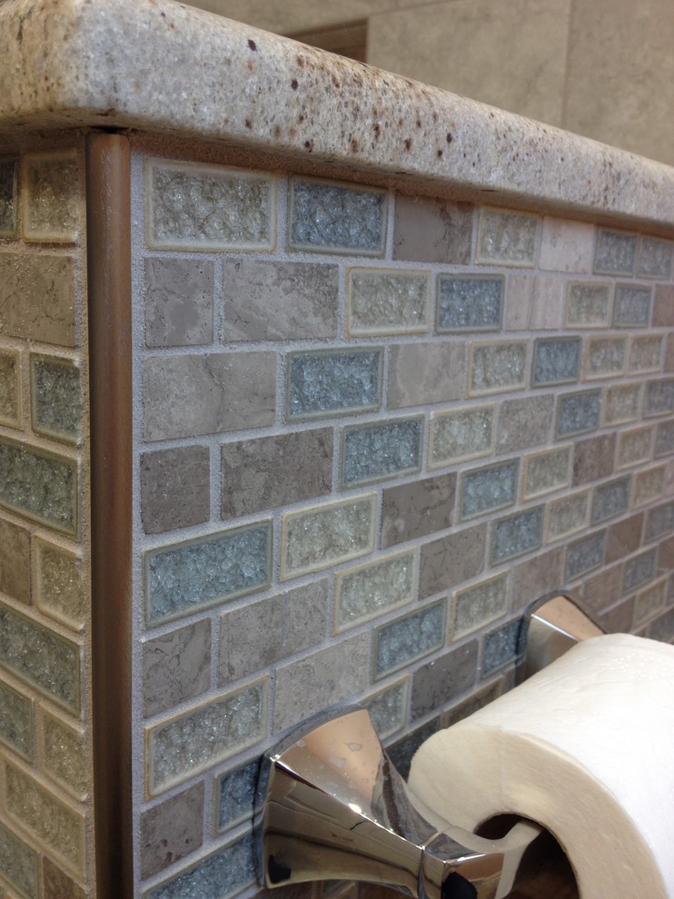 Example of a mid-sized transitional kids' gray tile and porcelain tile porcelain tile alcove bathtub design with an undermount sink, raised-panel cabinets, white cabinets, granite countertops and orange walls