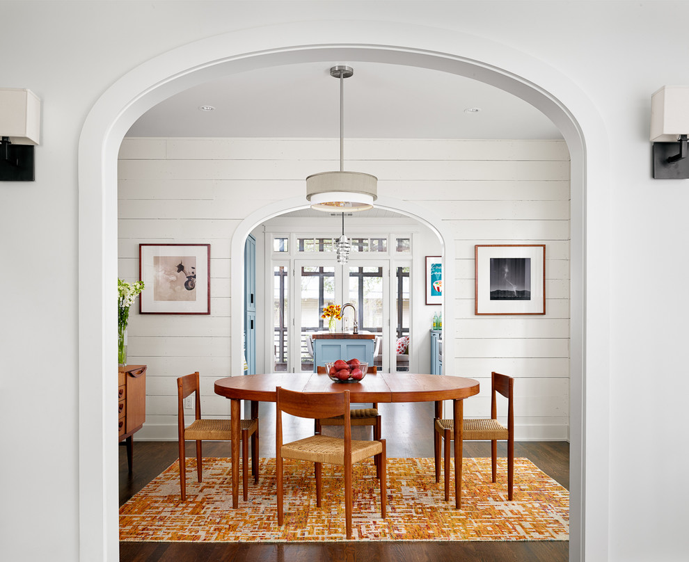Cottage dark wood floor dining room photo in Austin with white walls and no fireplace