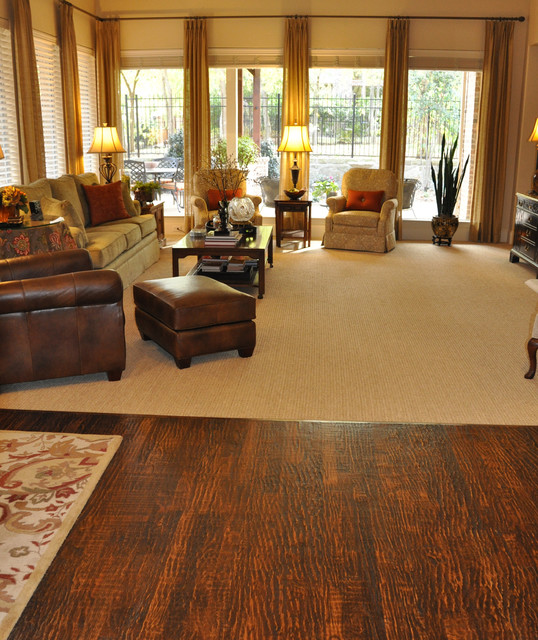 Patterned Carpet and Hand scraped Wood Floor Traditional