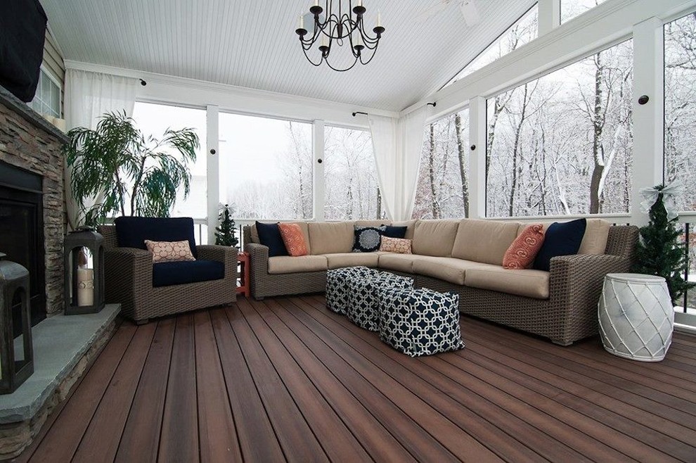 Transitional backyard balcony deck photo in Baltimore with a roof extension