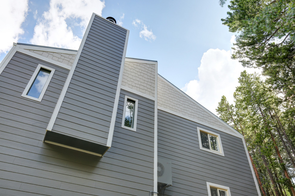 Diseño de fachada de casa gris y negra rural de tamaño medio de dos plantas con revestimiento de aglomerado de cemento, tejado a dos aguas, tejado de teja de madera y teja