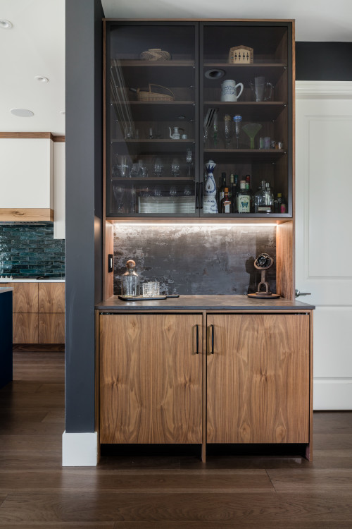Glass Fronted Upper Cabinets and Wood Base Cabinets Create Unique Kitchen Coffee Bar Ideas