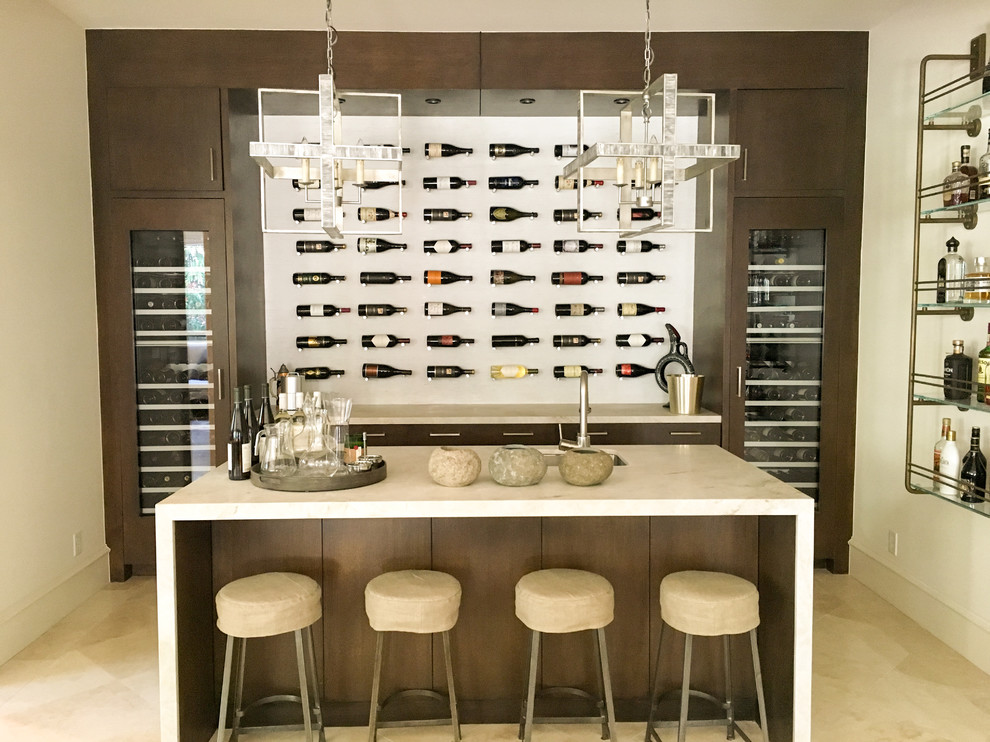 Design ideas for a contemporary home bar in Houston with beige floor and white benchtop.