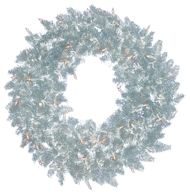 PreLit Silver Ashley Spruce Tinsel Christmas Wreath, Clear Lights