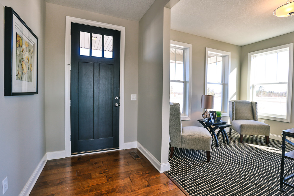 This is an example of a mid-sized contemporary front door in Minneapolis with grey walls, medium hardwood floors, a single front door and a dark wood front door.