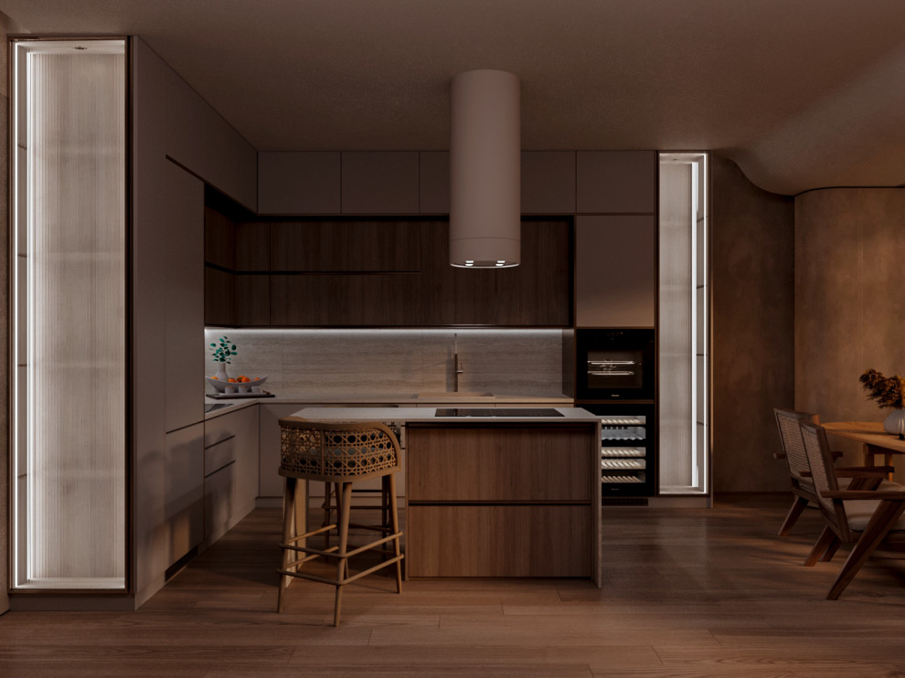 кухня-гостиная в тёплом стиле. Скандинавский стиль, "Джапанди"