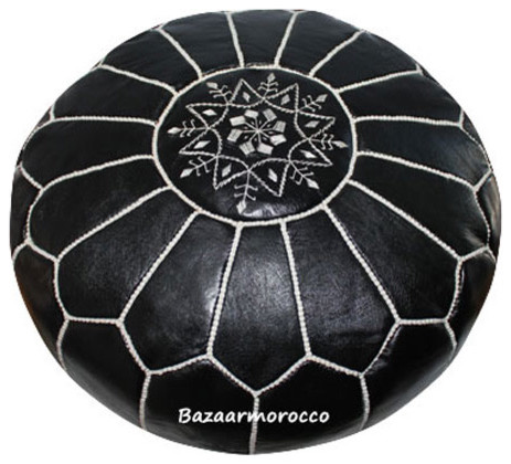 MOROCCAN LEATHER FOOTSTOOL OTTOMAN STYLE LARGE POUF, POUFFE Black