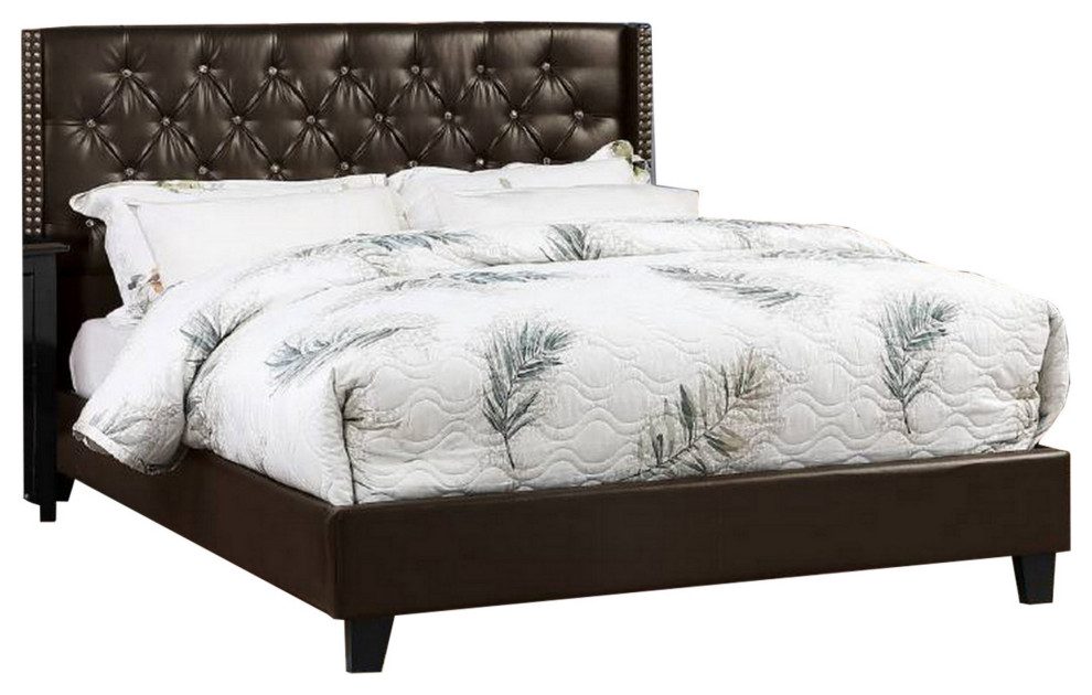 Asu Wood Queen Size Bed With Nailhead Trim, Faux Leather Upholstered